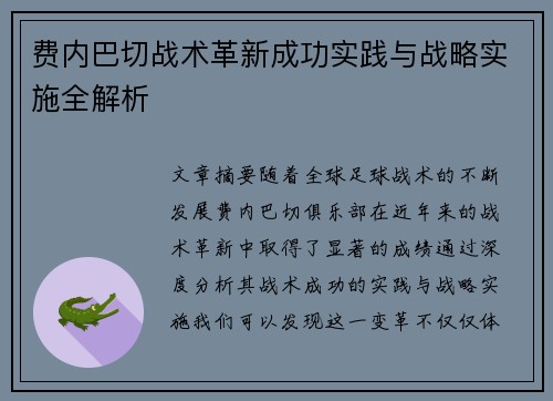 费内巴切战术革新成功实践与战略实施全解析